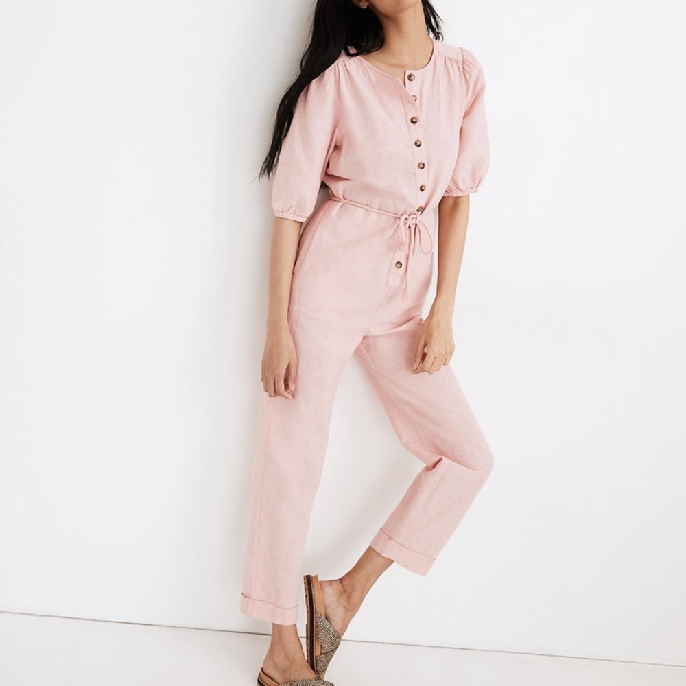 Madewell Linen-Blend Puff-Sleeve Tassel-Tie Jumpsuit MED A0339